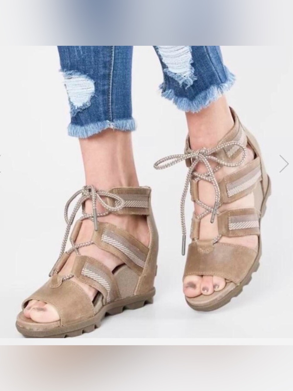 Sorel Joanie II $150 NWT Lace Up Comfort Wedge Sandals 9 Brown Suede